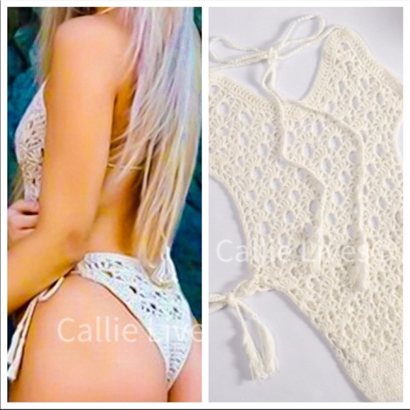 NWT Crochet Retro Sexy BoHo Chic One Piece Thong Back Bathing Swim Suit - Picture 6 of 13